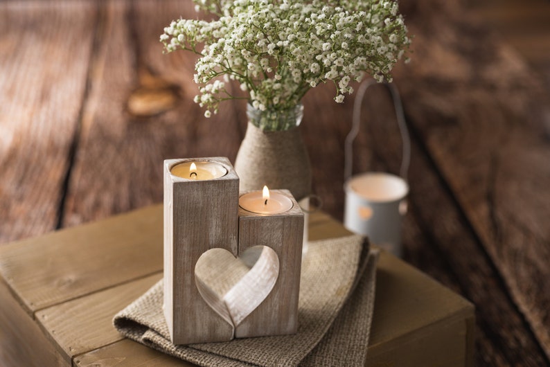 Wood Candle Holders Heart Shape Mother's Day Gift Rustic Wooden Decorative Tealight Candles Wedding Gift Home Decorations Gift for Mom & Dad image 6