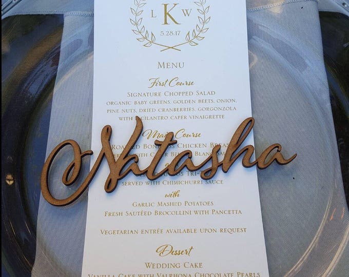 Featured listing image: Wooden laser cut names Wedding place cards Name place settings Wooden wedding sign Rustic wedding names Laser cut wood Name tags for wedding