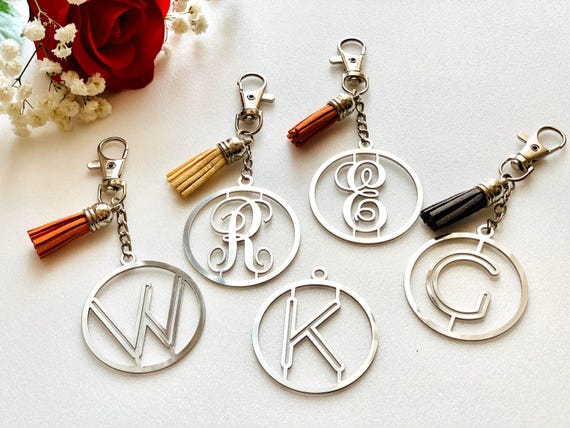 Personalized Keychain with Tassel for Women Silver Monogram Keyring Individual Letter Bridesmaid Key Chain Gift for Her Metal Monogrammed