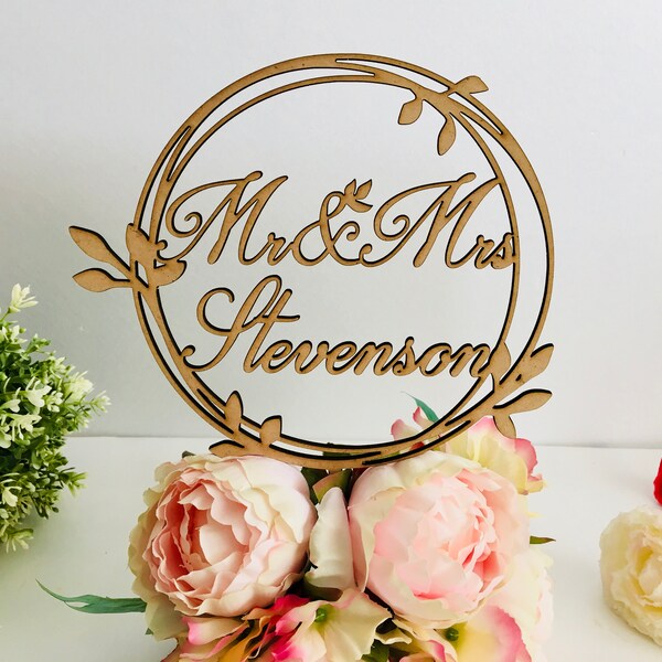 Personalized Mr & Mrs Wedding Cake Topper Custom Name Monogram Round Cake Toppers on Sticks Wood Rustic Laurel Wreath Last Name, Family Name