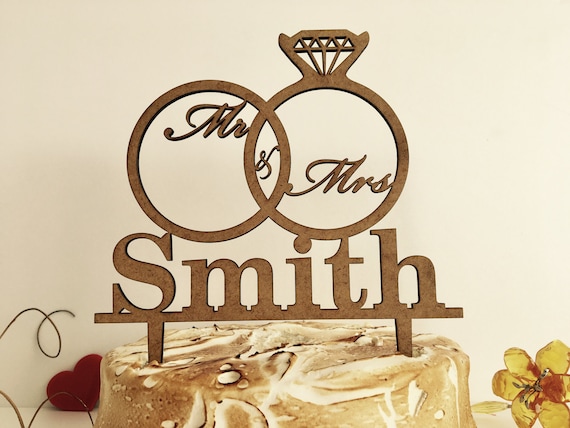 Personalized Wedding Name Cake Topper Custom Mr and Mrs Wedding Diamond Ring Engagement Cake Topper Rustic Wood Bridal Shower Decorations