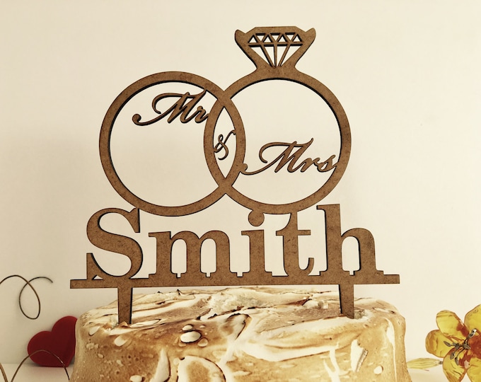 Personalized Wedding Name Cake Topper Custom Mr and Mrs Wedding Diamond Ring Engagement Cake Topper Rustic Wood Bridal Shower Decorations