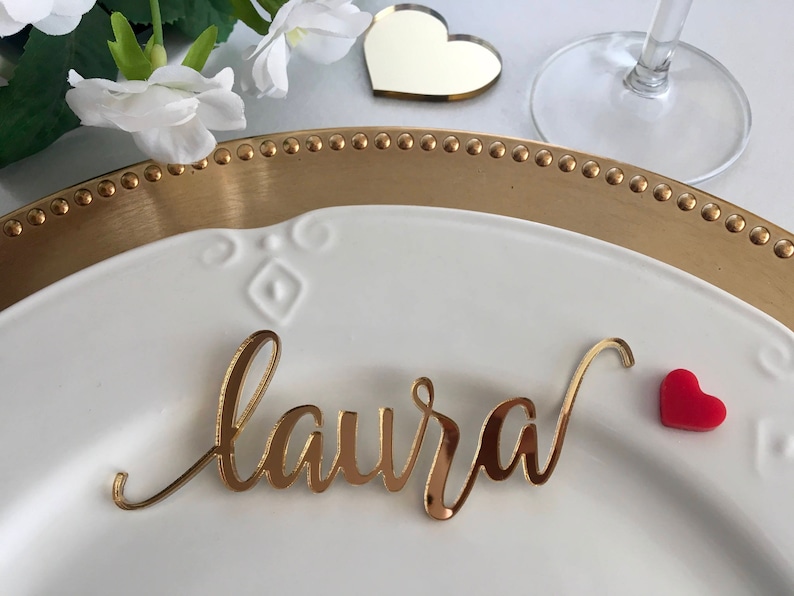 Gold Wedding Place Cards Personalized Acrylic Laser Cut Names Place name settings Guest name tags Wedding Signs Calligraphy Modern New Font 