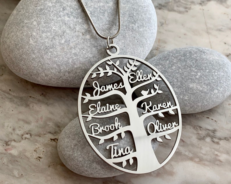 Personalized Tree of Life Family Names Necklace Handmade Oval Pendant Custom Laser Cut Names Stainless Steel Jewelry Women Anniversary Gifts image 1