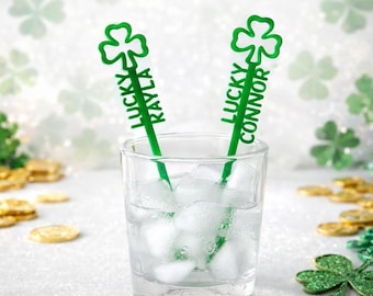 Custom Shamrock Drink Stirrers with Names, Personalized Swizzle Sticks, Lucky St. Patrick’s Day
