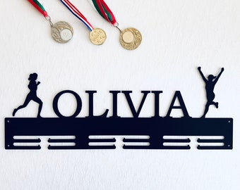 Custom Running Medal Holder - Personalized Name Sports Display Rack - 2 Female Figures Medal Hanger