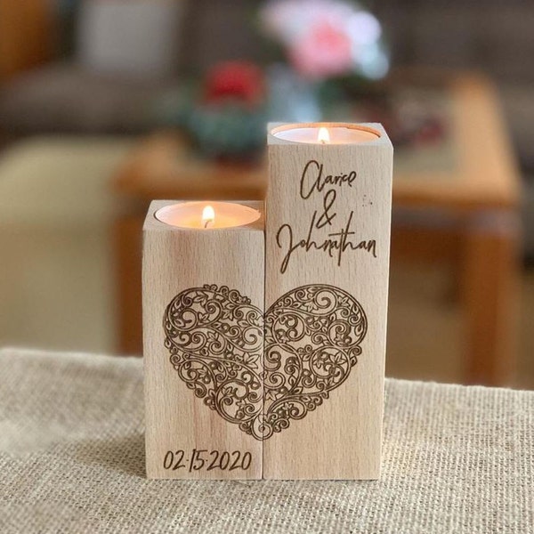 Bougeoir en bois personnalisé - Noms personnalisés et date spéciale - Forme de coeur - Bougeoir pour bougie chauffe-plat Love - Cadeau d'anniversaire pour les couples