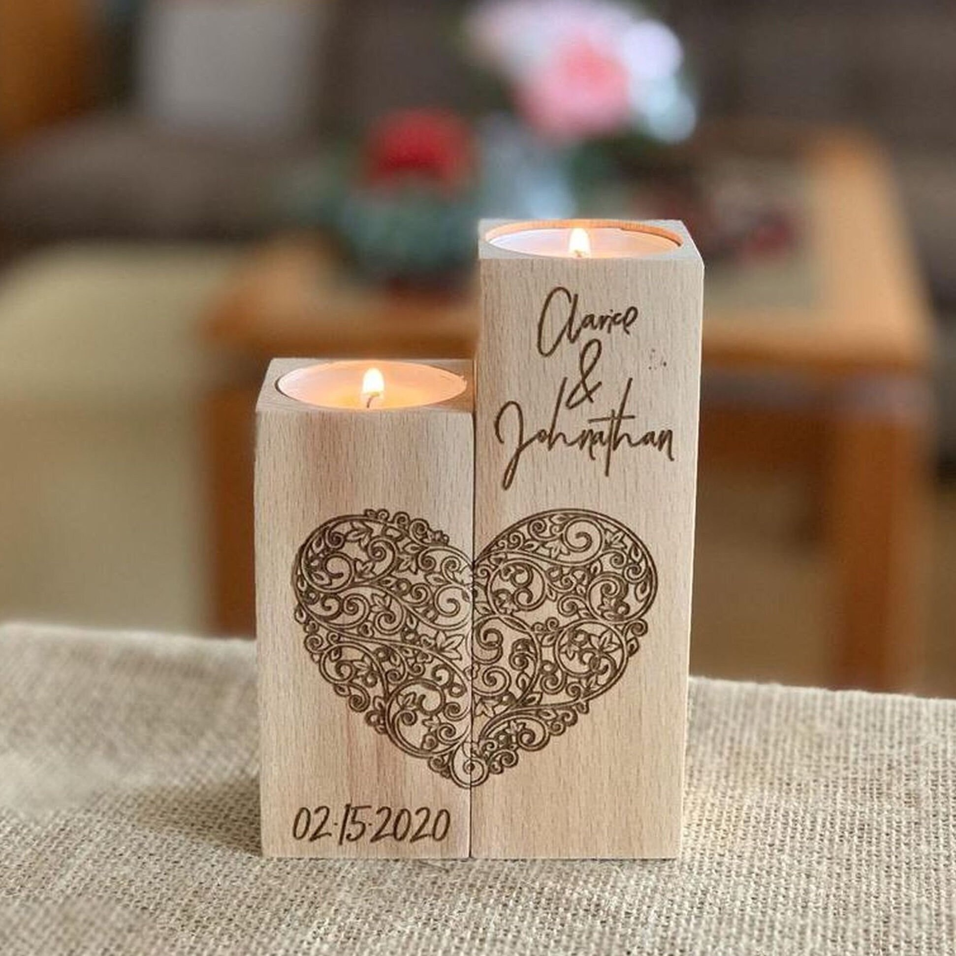 Personalized Wood Candle Holder Custom Names and Special Date Heart
