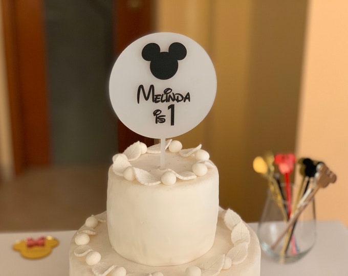 Mickey Mouse Cake Topper Personalized Name Age Frosted White Custom Disney Party Birthday Centerpieces Party Decorations Minnie Mouse Decor