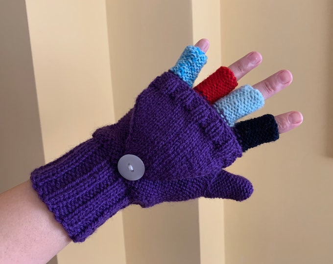 Handmade Convertible Fingerless Gloves Purple Mittens for Girls Knit Wool Gloves Winter Women Boho Gift for Mom Hand-Knitted Colores Fingers