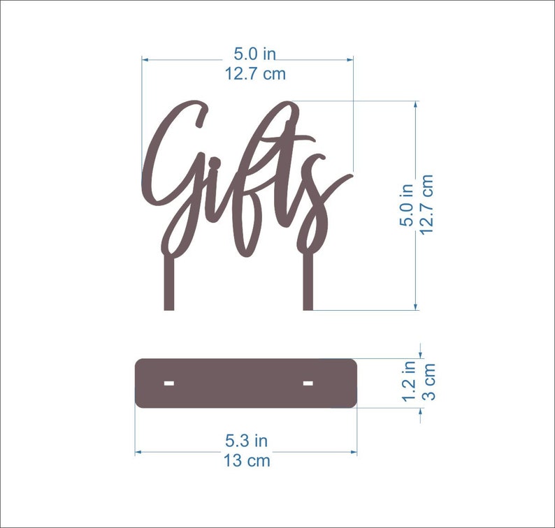 May include: Brown acrylic cake topper with the word "Gifts" in a cursive font. The topper is 5 inches tall and 5 inches wide.
