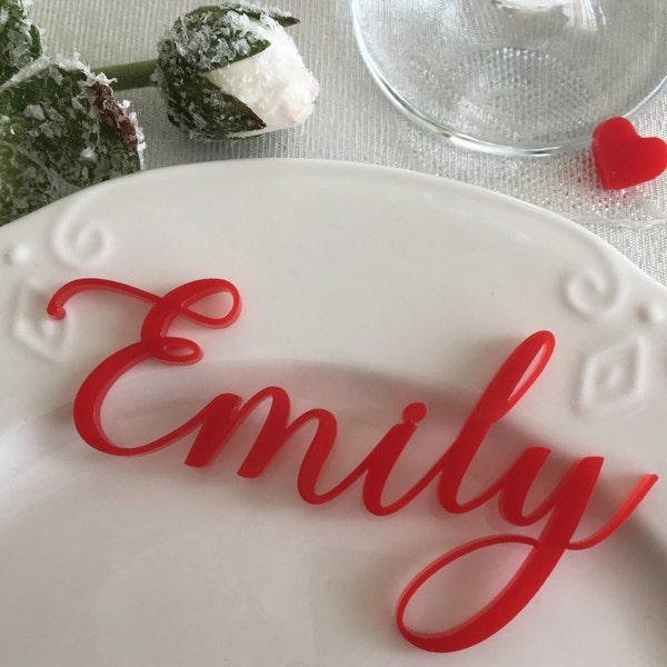 Red laser cut names Valentine's day decor Personalized acrylic name place cards Shabby chic Wedding table place names Reception decorations