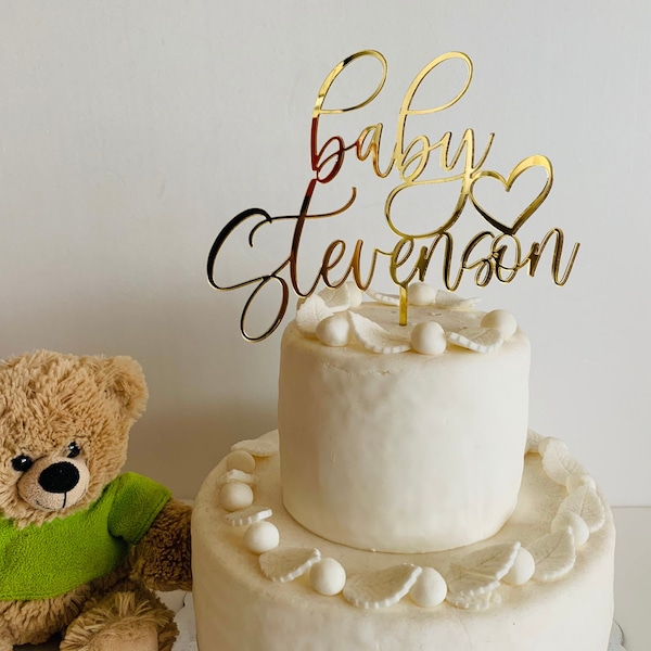 Personalized Baby Name Cake Topper Custom Welcome Baby Shower Decorations Calligraphy Birthday Heart  Boy or Girl Table Centerpiece, Script