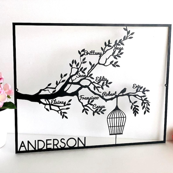 Personalized Family Names Tree Life Custom Family Metal Signs Tree Branch with Birdcage Housewarming Wedding Gift Wall Art Decor Anniversary