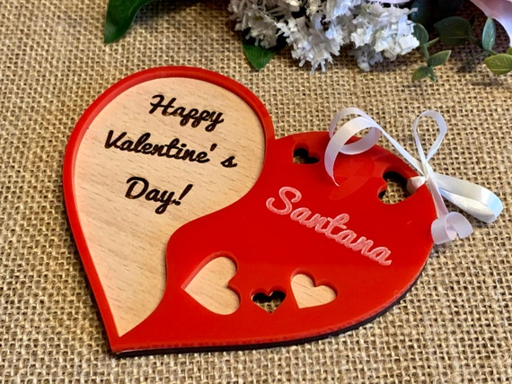 Custom Hanging Heart 3D Name Ornament Personalized Engraved Happy Valentine's Day Gift for Her Wood Handmade Wooden Red Acrylic heart Shape