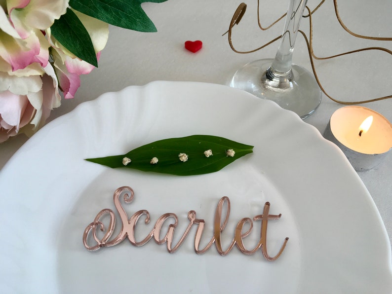 Rose gold mirror Laser cut guest names Place setting Personalized acrylic signs Table wedding plate name Escort place cards Calligraphy tags image 5