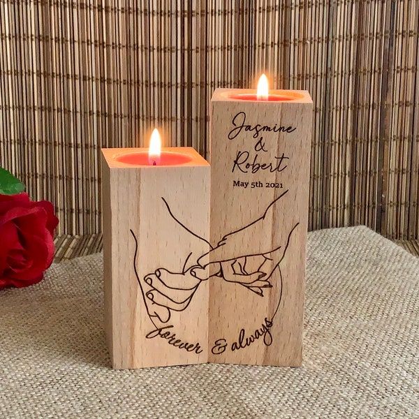 Amour Se tenir la main Bougeoir en bois Noms personnalisés Cadeau de la Saint-Valentin Gravé sur mesure pour toujours et toujours sauver la date Amoureux Mains