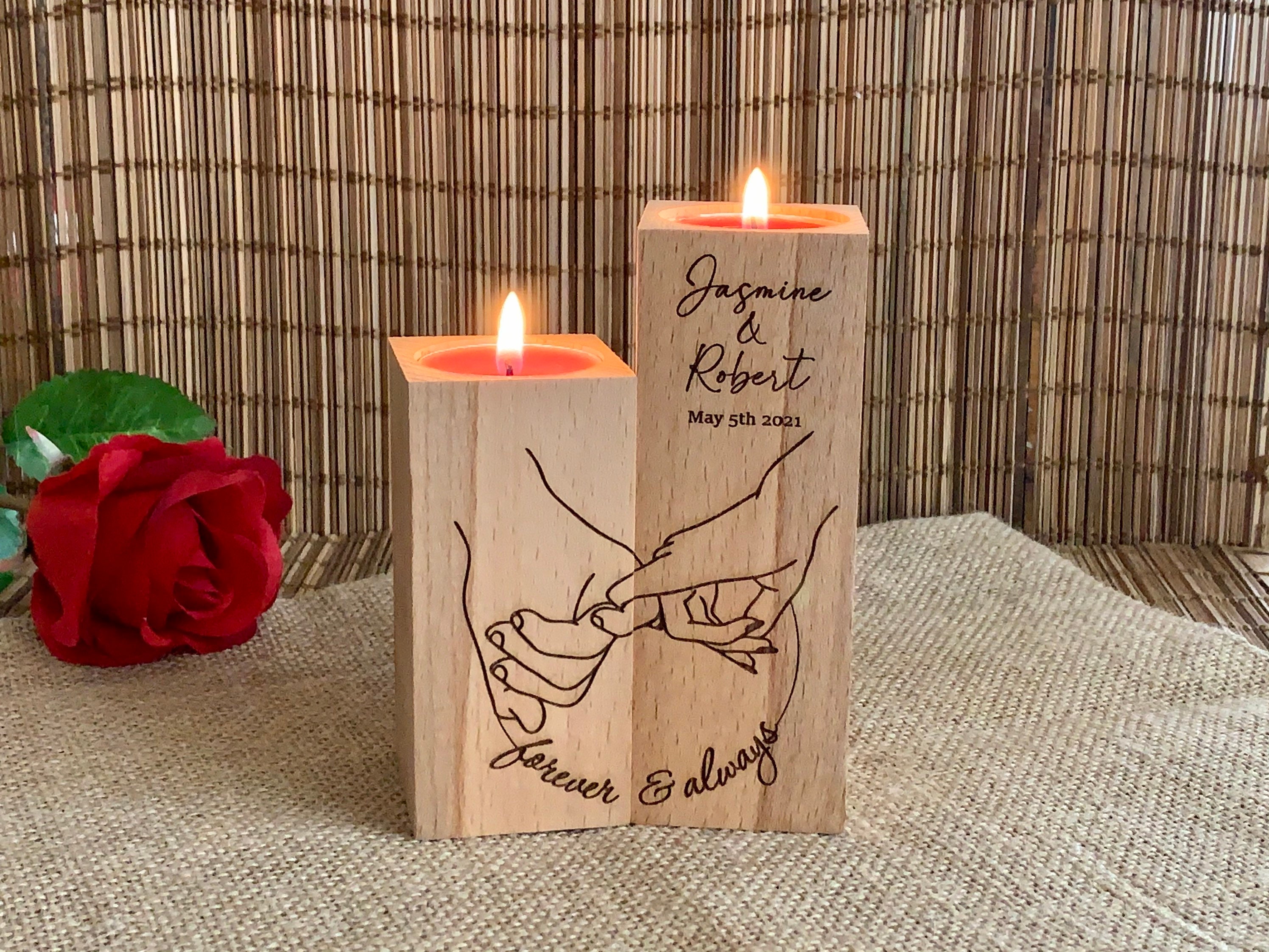 Love Holding Hands Wooden Candle Holder Personalized Names Valentine's Day Gift Custom Engraved