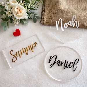 Tarjetas de lugar de acrílico transparente, nombres de invitados personalizados cortados con láser, diseños hexagonales, redondos y rectangulares.