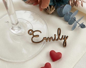 Personalized Wine Glass Charms with Names - Custom Wood Place Cards for Wedding Drink Markers