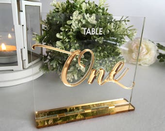 Números de mesa de boda personalizados - Titulares de números de mesa personalizados - Caligrafía - Signo de boda de oro - Centro de mesa - Número de mesa de guión