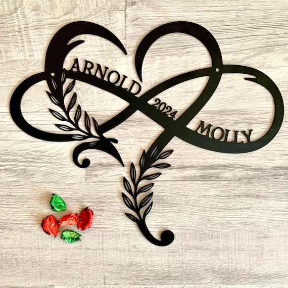 Personalized Infinity Sign Heart with Laurel Laser Cut Leaves Custom Names Metal Monogram Heart Sign Leaf Decor Heart Ornament Floral Sign