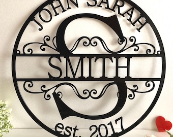 Personalized Last Name Metal Sign - Split Letter Monogram - Custom First Names and Est. Date
