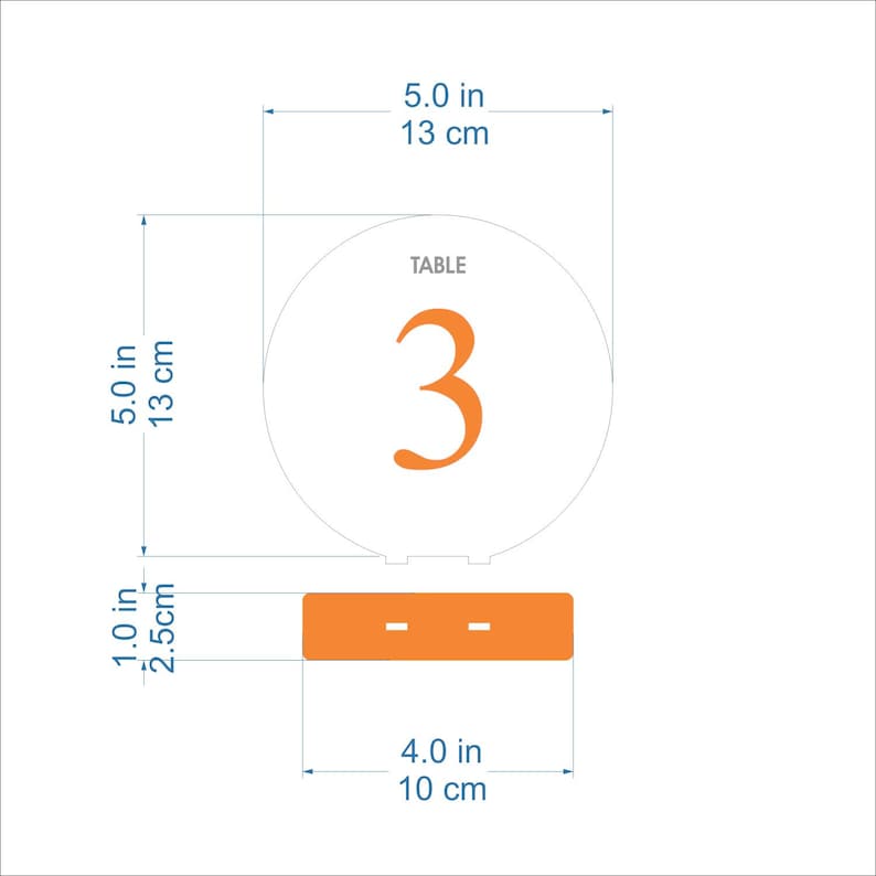 May include: Orange table number 3 with a white background and a black base. The number is 5 inches in diameter and the base is 4 inches wide.