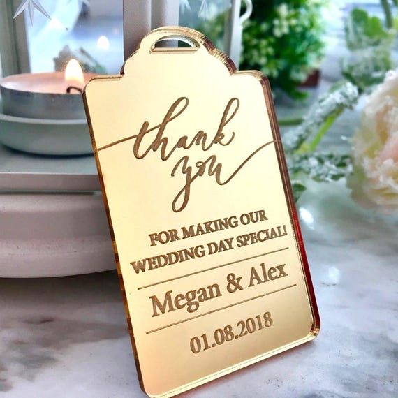 Personalized Wedding Thank You Card Bride Groom Gift Name Tags Engraved Names Save the Date Custom Gold Wedding Favors Bridal Shower Party