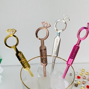 Personalized Mrs Drink Stirrers Custom Names Diamond Ring Cocktail Swizzle Stir Stick Engagement Bachelorette Party Bridal Shower Decoration