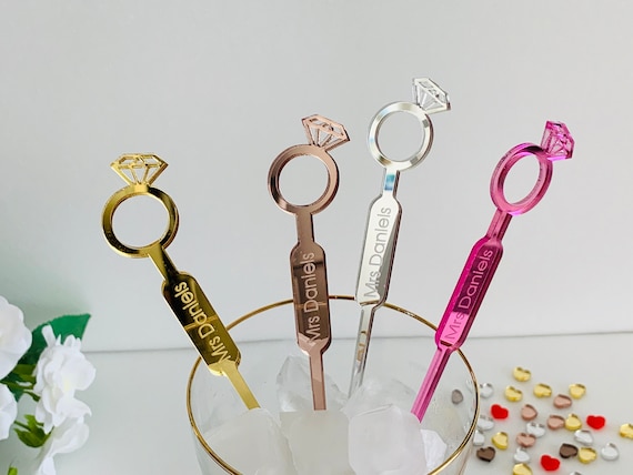 Personalized Mrs Drink Stirrers Custom Names Diamond Ring Cocktail Swizzle Stir Stick Engagement Bachelorette Party Bridal Shower Decoration