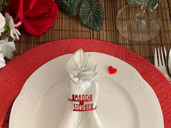 Personalized Napkin Ring Holders and Heart- Custom Double Name - Valentine's Napkin Rings - Sweetheart Table Decor - He and She, Mr and Mrs