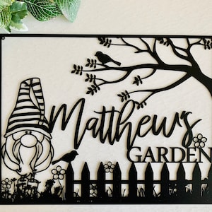 Custom Garden Metal Name Sign – Personalized Sign with Gnome, Yard & Flower Decor - Gift for Gardeners, Kids Gift, Outdoor Garden Name Sign