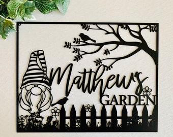 Personalized Garden Name Sign, Custom Gnome, Metal Sign, Gift for Kids, Metal Wall Art, Gift for Gardener, Flower Plaque, Yard Decorations