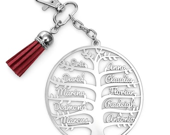 Personalized Tree of Life Name Keychain - Custom Keyring with Family Members - Stainless Steel Ornament