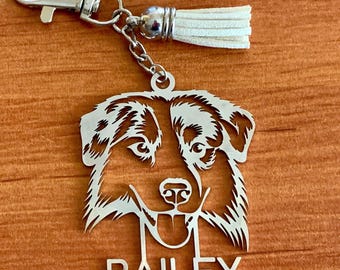 Personalized Australian Shepherd Keychain - Custom Name Dog Keyring - Aussie Dog Lover Gift