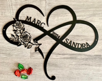 Personalized Infinity Sign Custom Infinity Heart Laser Cut Roses Metal Floral Sign Custom Couple Names Love Sign Wall Rose Art Wedding Gift