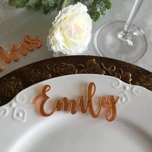 Peut inclure: Deux marque-places personnalis&eacute;s en acrylique orange r&eacute;fl&eacute;chissant, portant les pr&eacute;noms Emily et Chris en &eacute;criture cursive, pos&eacute;s sur une assiette blanche avec un dessous d'assiette d&eacute;coratif en bronze.
