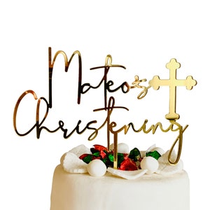 Personalized Christening Cake Topper with Cross God Bless Name Custom Cake Table Decor First Holy Communion, Baptism Centerpiece, Religious