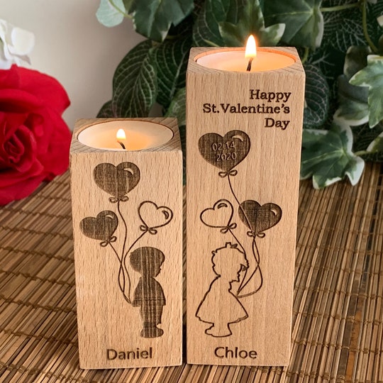 Wooden Candle Holders Personalized Happy Valentines Day Gift Save the Date Engraved Custom Names