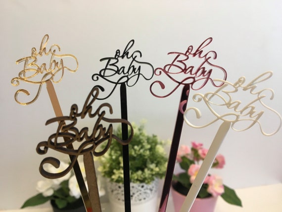 Oh Baby Cupcake Toppers Baby Shower Party Decorations Boy or Girl Personalized Drink Stir Sticks Party Picks Cocktail Accessory Gold Glitter