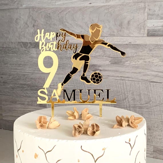 Soccer Player Cake Topper – Personalized Name & Age – Boy Playing Soccer, Custom Birthday Decorations, Soccer Player and Ball, Gift for Boys