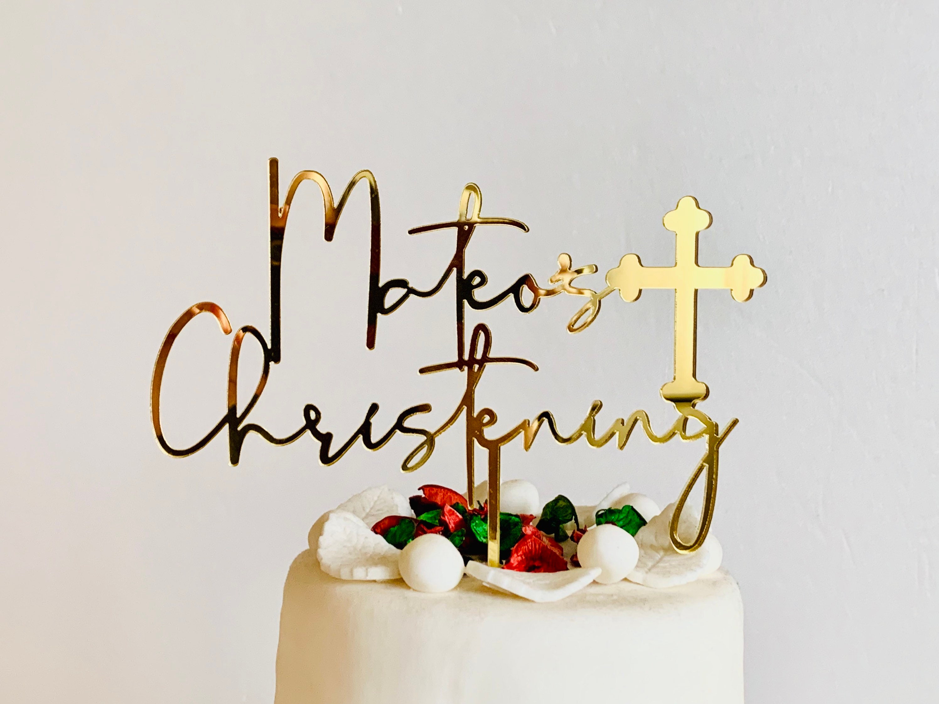decorazione per torta in legno con croce cristiana religiosa in acrilico dorato a specchio Topper per torta personalizzabile con nome per comunione battesimo 