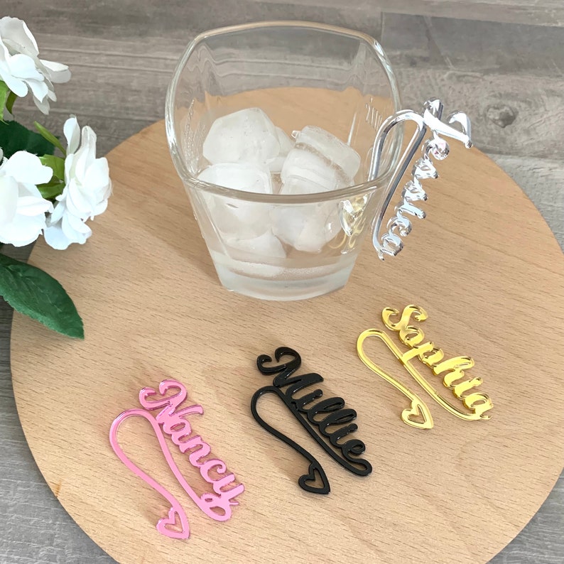 Personalized Wine Glass Charms with Heart Custom Wedding Name Tags for Glasses Cocktail Names Hanging Drink Markers Seating Chart Drink Tags image 1