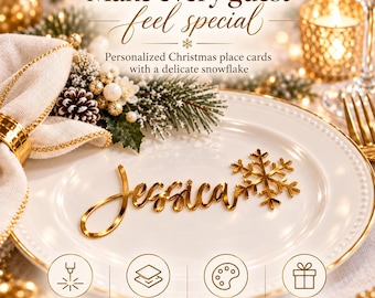 Personalized Christmas Place Cards, Custom Laser Cut Names with Snowflakes, Holiday Table Decor