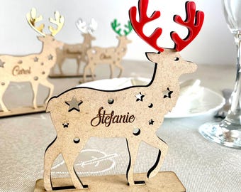 Personalized Reindeer Place Name Settings, Family Table Name Tags Christmas Table Decorations Christmas Place Cards, Custom Wood Place Cards