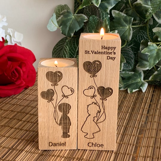 Wooden Candle Holders Personalized Happy Valentines Day Gift Save the Date Engraved Custom Names