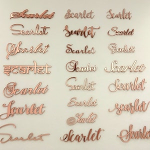 Rose Gold Mirror Laser-Cut Guest Names – Personalized Acrylic Place Settings – Wedding Table Name Signs – Custom Name Tags – 23 Font Options