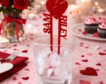 Custom Split Heart Drink Stirrers - Personalized Couple Names, Valentine's Day Stir Sticks