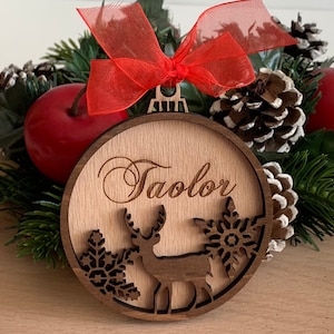 Personalized Christmas Name Ornament with Reindeer Laser Cut Snowflakes Custom Wood Name Bauble Xmas 2024 Handmade Wooden Hanging Tree Decor